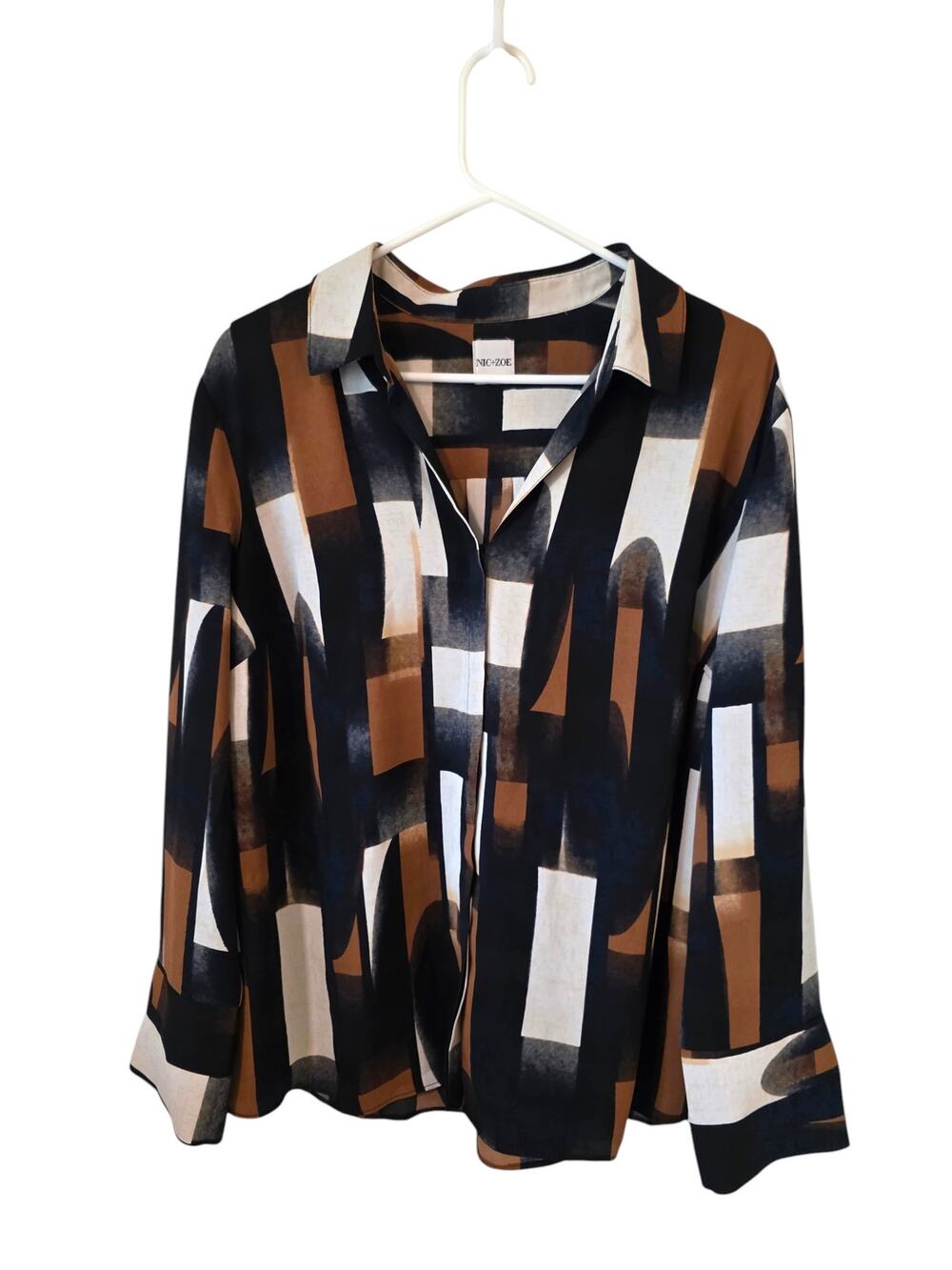 NIC+ZOE  Women Shadow Play Geometric Print Woven Shirt Plus size 2XL Brown Black